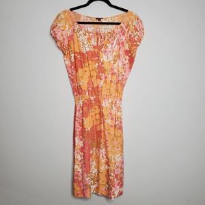 TALBOTS Orange Pink Floral Print Cap Sleeve Smocked 100% Silk Dress Sz Small S